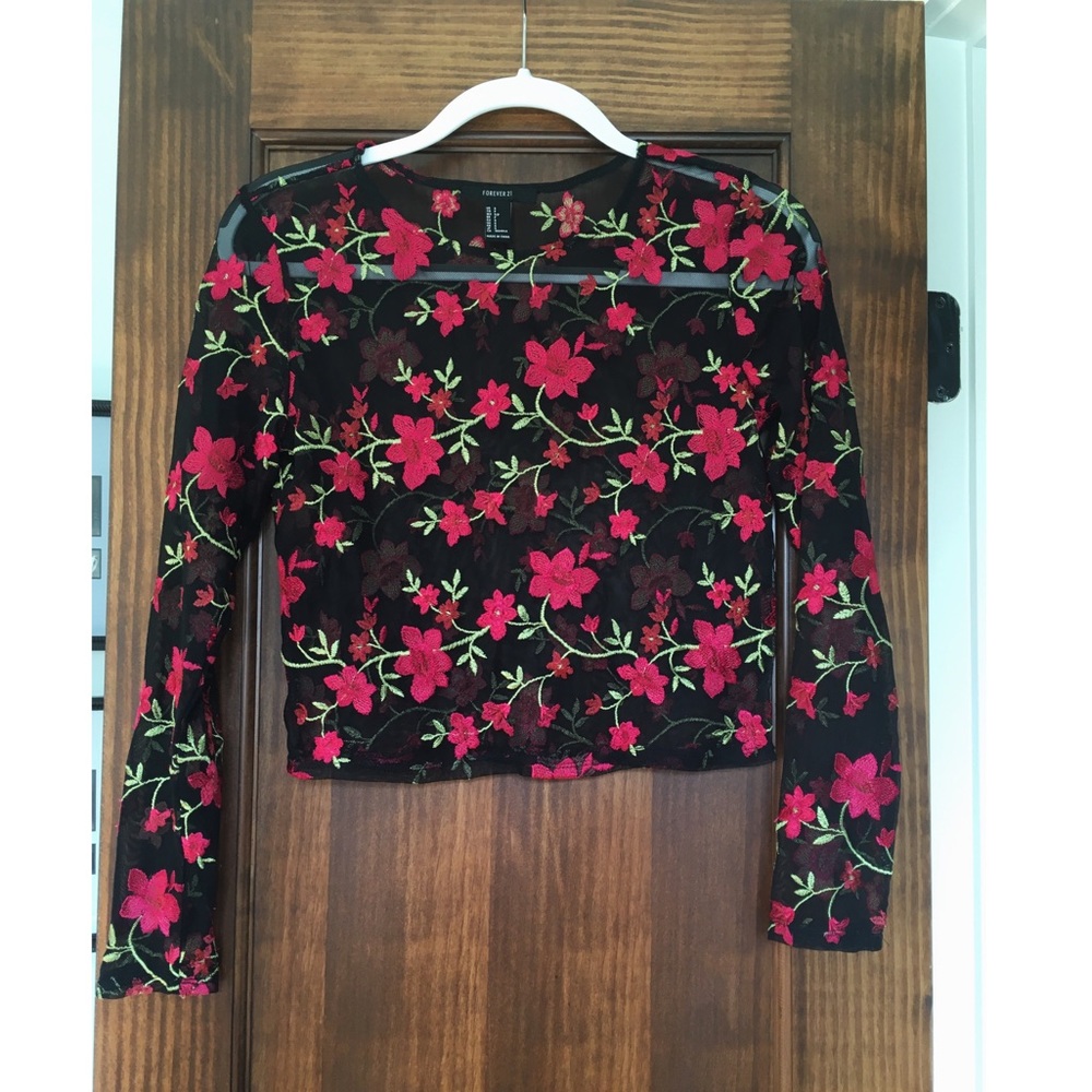 F21 Black Mesh Floral Crop Top